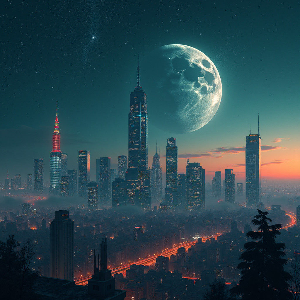 Cyberpunk Metropolis Skyline with Dual Moons
