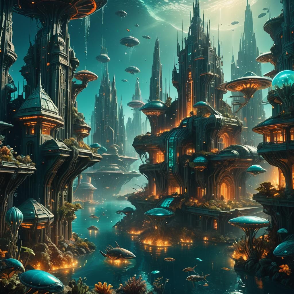 Underwater Alien City with Bioluminescent Flora