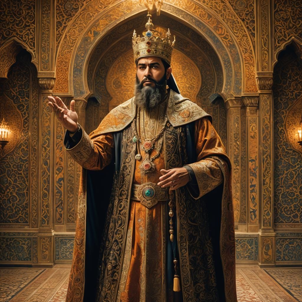 Stern Muslim King Commands Royal Court: Digital Painting