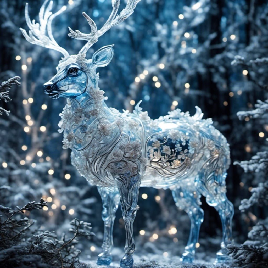 Luminous Glass Reindeer in Magical Fantasy Artwork