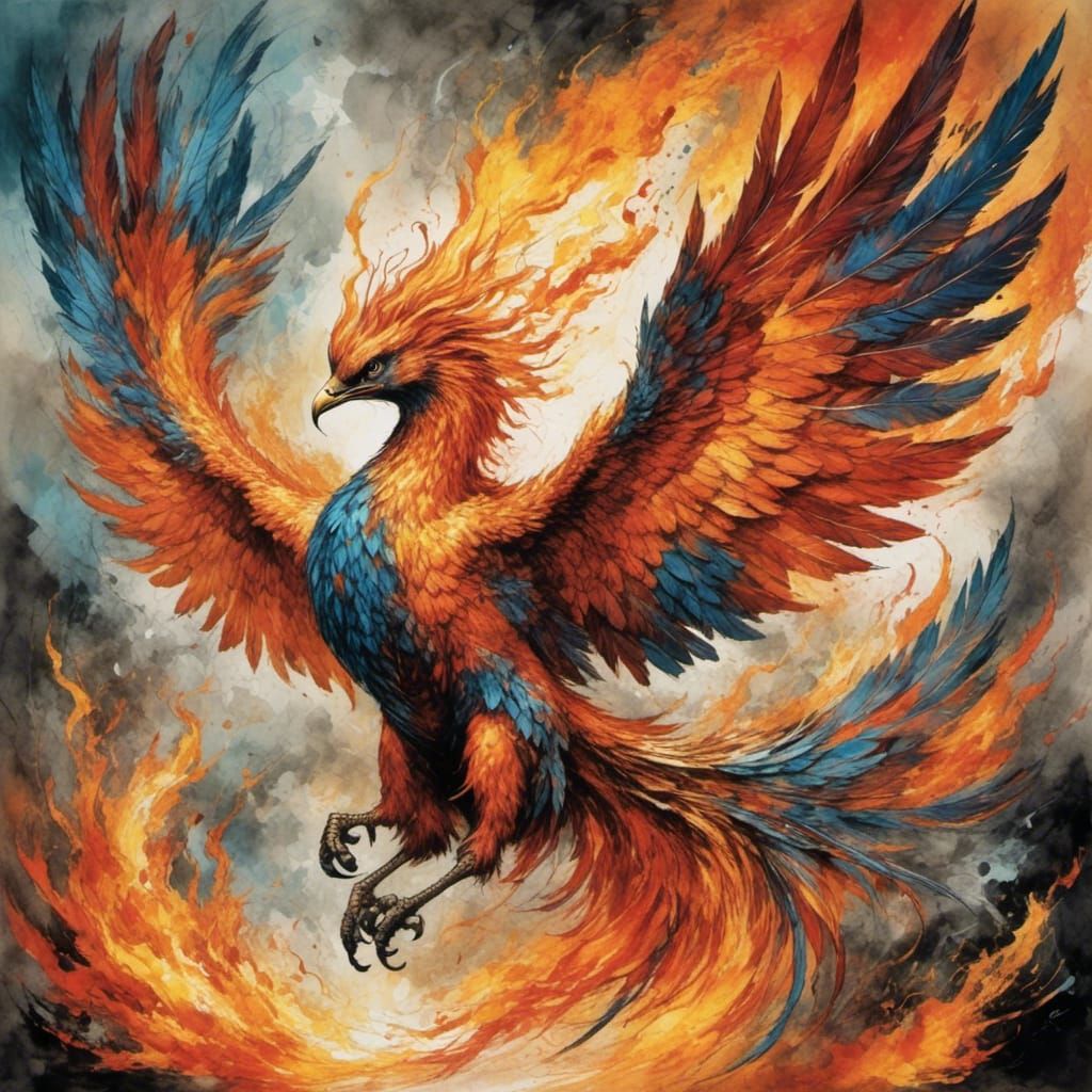 Fiery Phoenix Rising from Ashes in Mixed Media