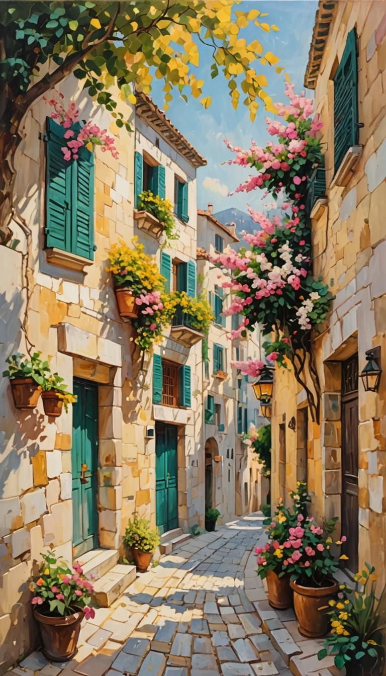 Mediterranean Street Scene in Impressionist Style