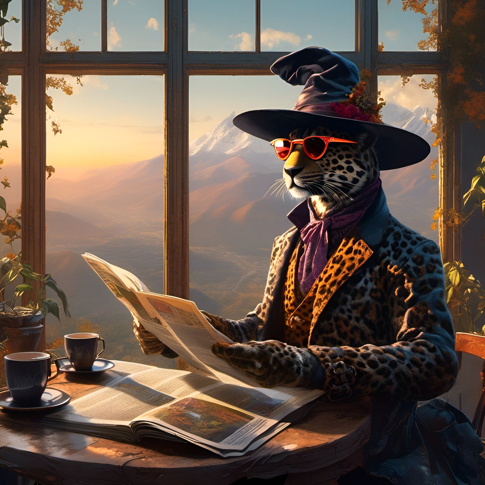 Leopard Humanoid Reads Newspaper at Sunrise