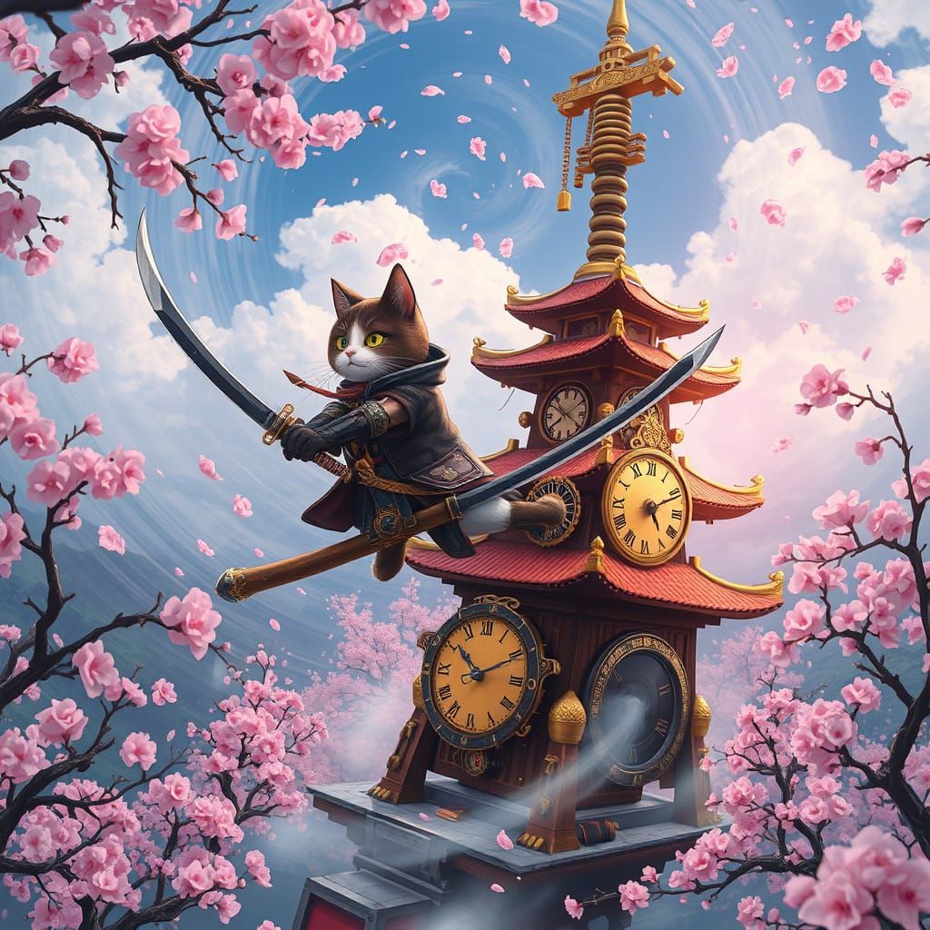 Steampunk Samurai Cat on Clockwork Pagoda