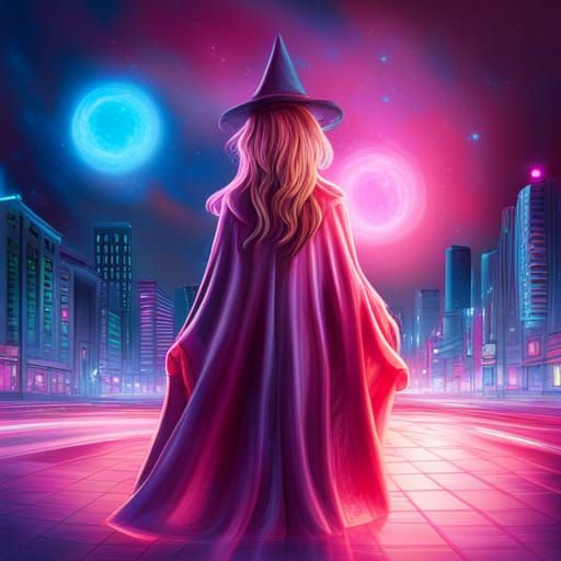 Cyberpunk Wizard in Glowing City, Digital Oil Painting