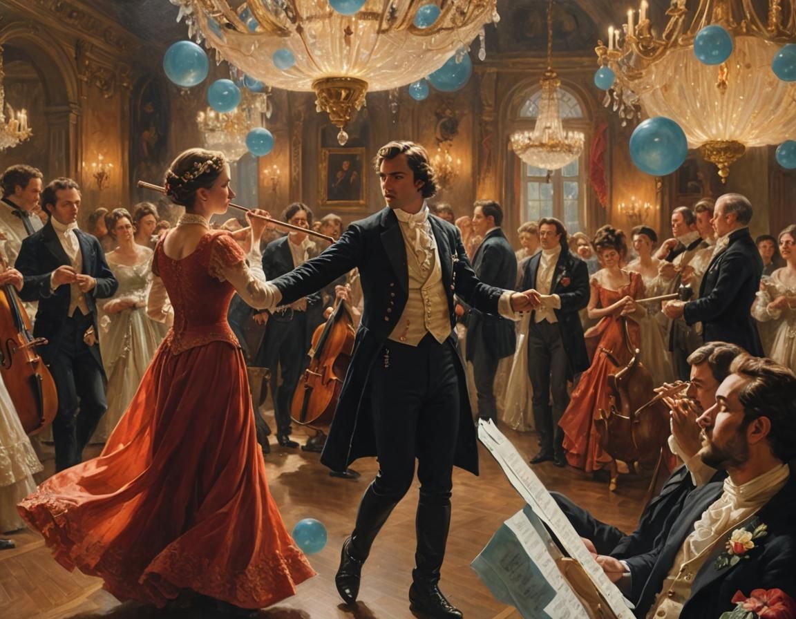 Handsome Piper Plays Flute in Ornate Ballroom Oil Painting