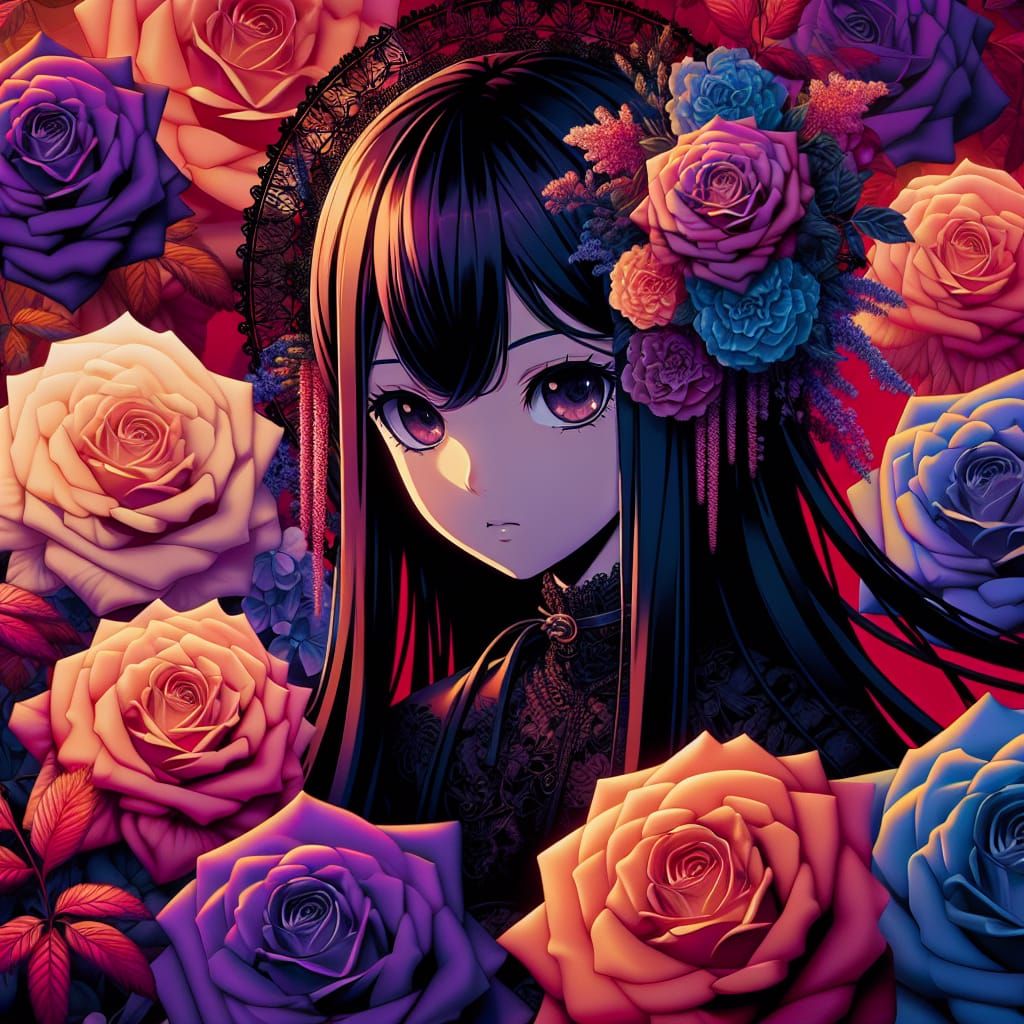 Gothic anime girl, beautiful roses