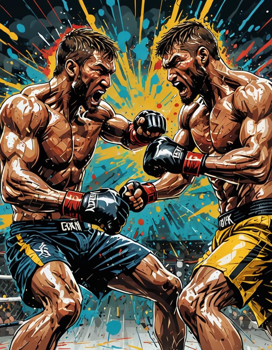Intense MMA Fight: Dynamic Comic Book Illustration