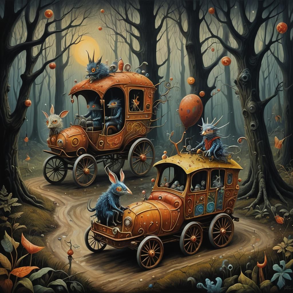 Surreal Creatures on Wheels in Mystical Forest