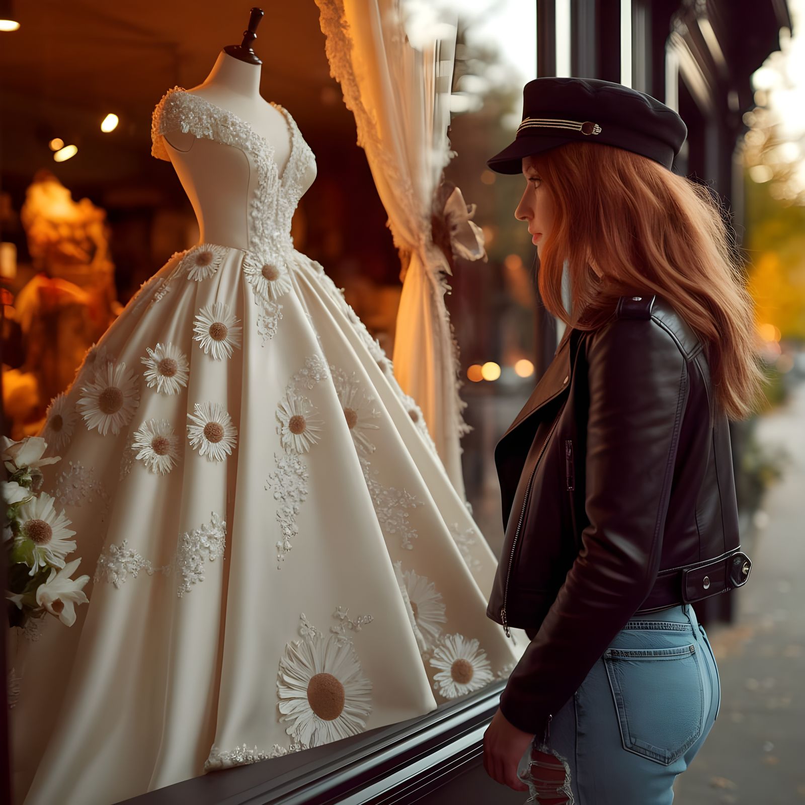 Wedding Dress Display & Reflective Woman in Golden Light