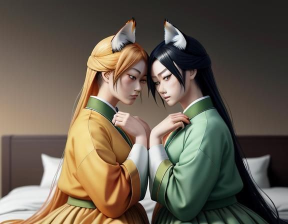 Kitsune Twins Kiss in Manga Style