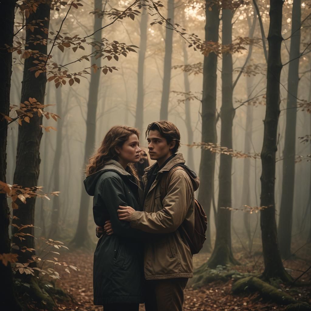 Romantic Embrace in Misty Forest: Film Noir Style
