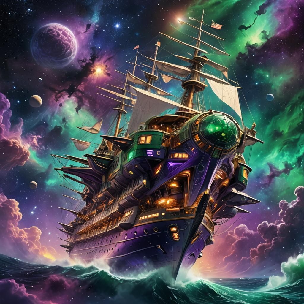 Sailing Spaceship Through a Nebula in Surreal Style