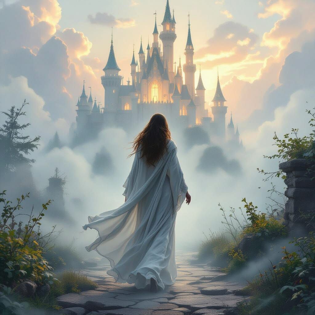 Mystical Woman Walks to Castle in Luminist Style