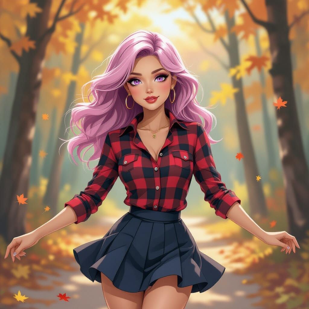Pink Haired Woman Dancing in Surreal Fall Forest