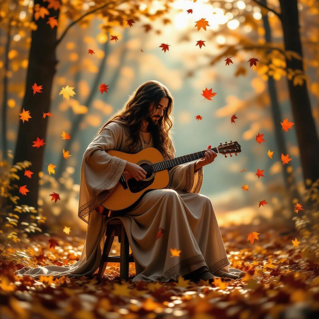 Musician Plays Spectral Guitar in Vibrant Autumn Forest