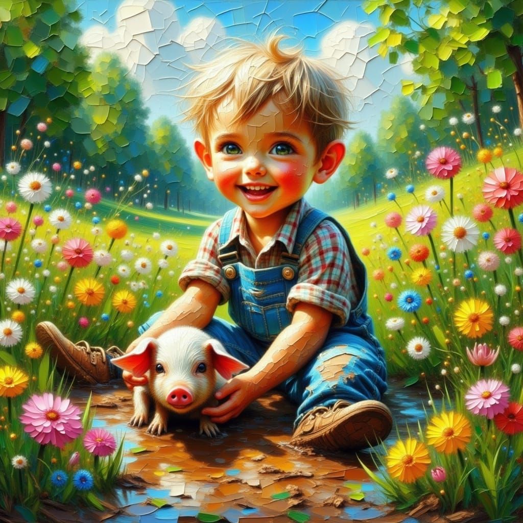 Muddy Bliss: Boy and Piglet in FiosCrackedImpasto Style