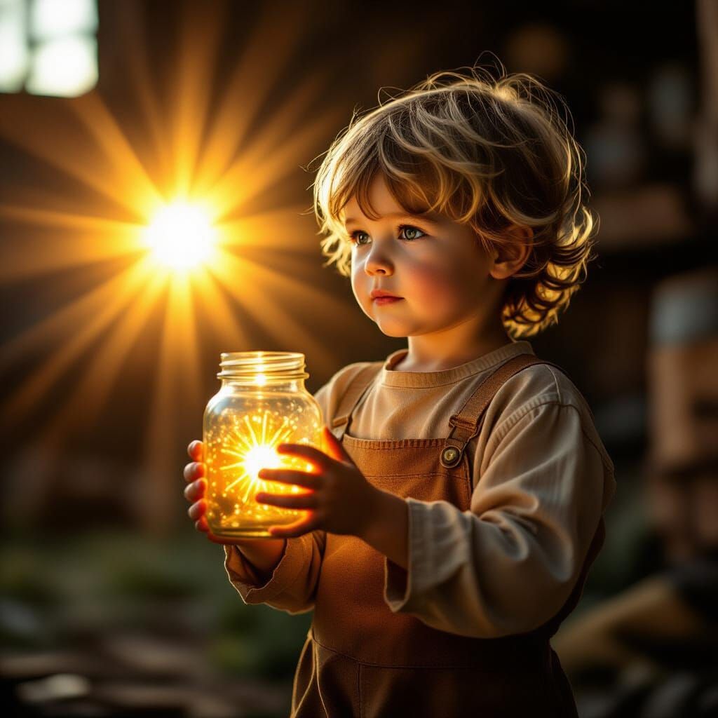 Child Holds Sun in Jar: Cinematic Still