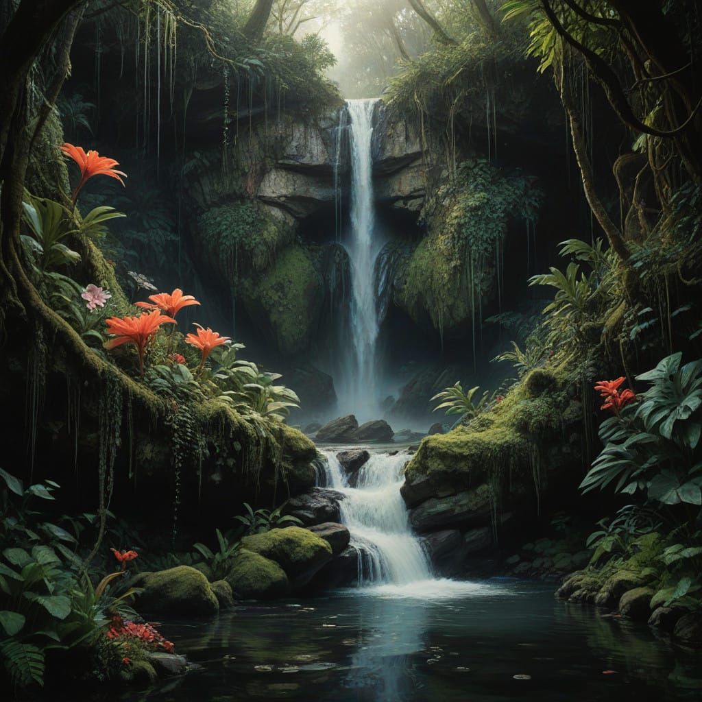 Tropical Chalet with Exotic Flowers and Waterfall