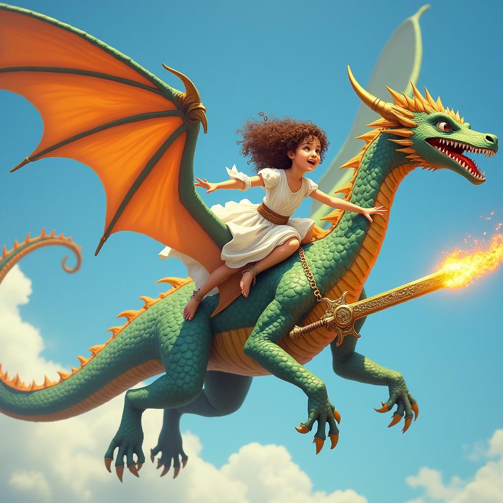 Girl Rides Dragon in Fantasy Art Style
