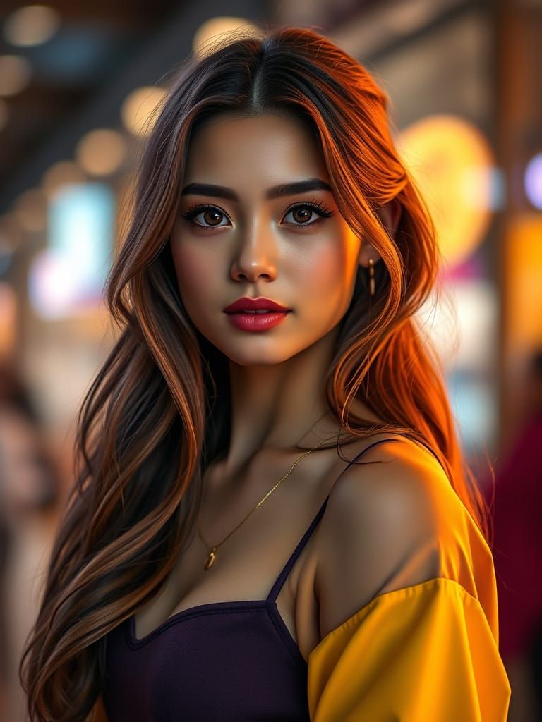 A cinematic depth of field photo of a young woman with long ...