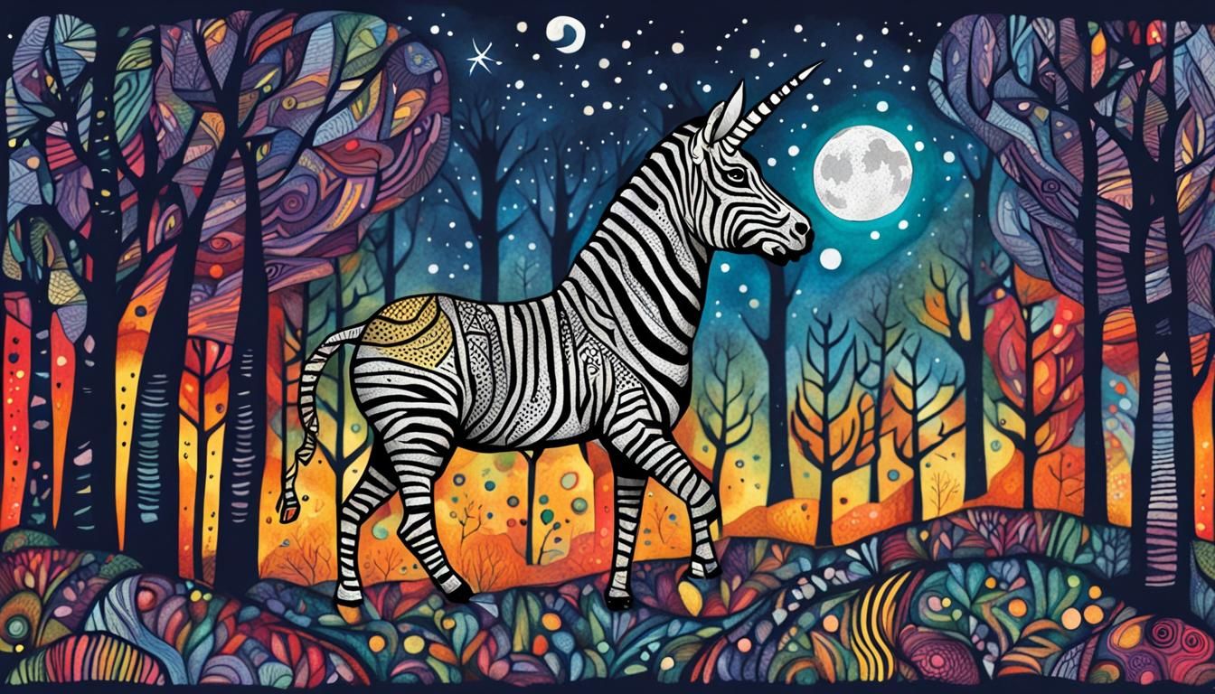 Colorful Zebracorn in Moonlit Forest Illustration