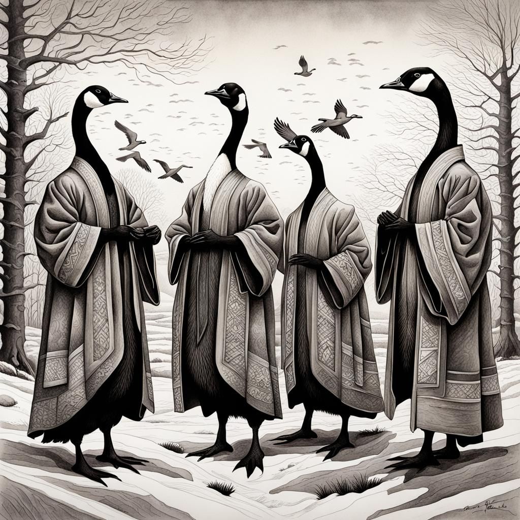 Geese Cult Meeting in Detailed Ink Painting
