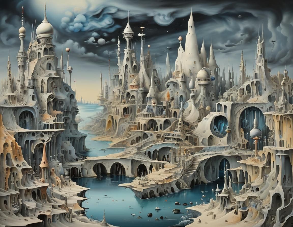Mystical City Automaton Landscape in Surrealist Style