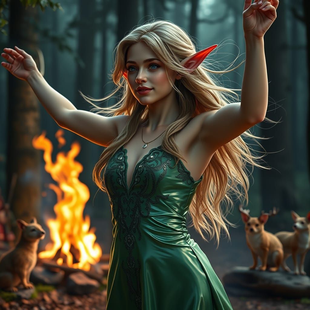 Whimsical Elf in Shiny Latex Dress Amidst Forest Gathering