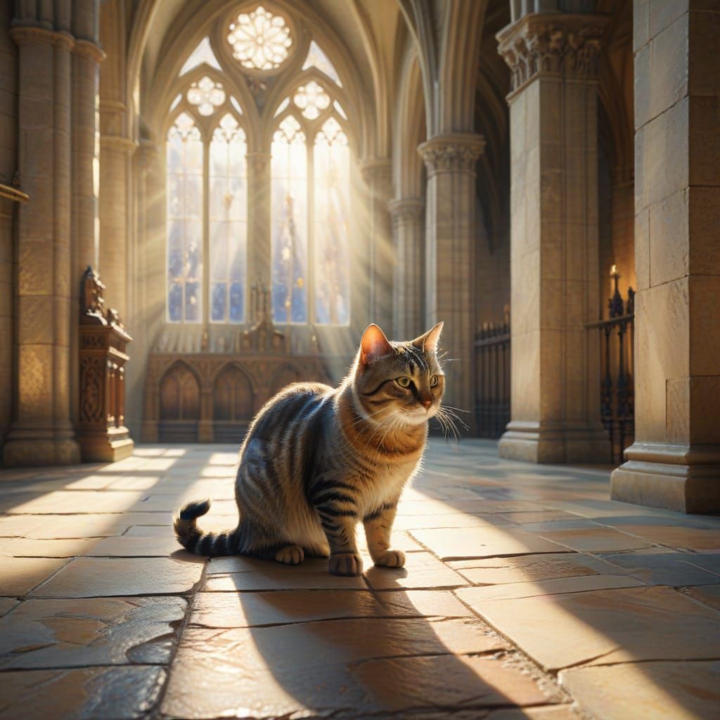 Tabby Cat Exploring Gothic Cathedral in Watercolor Style