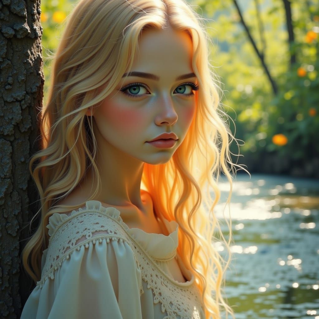 Young Anne de Breuil by Stream at Dawn