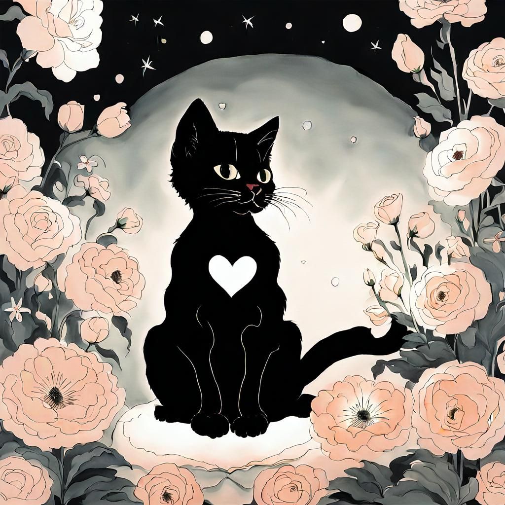 Silhouette Cat with Flowers and Heart Lights
