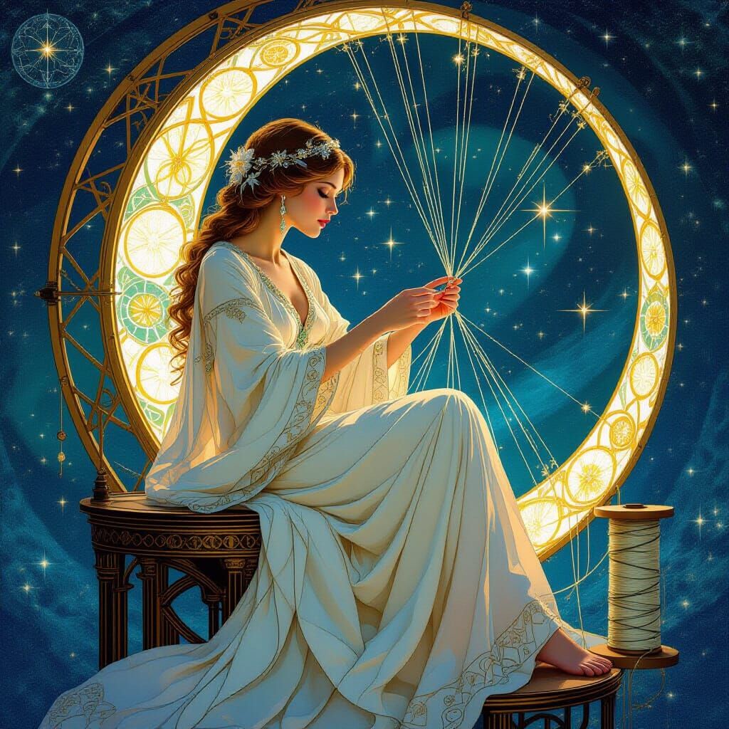 Celestial Seamstress Weaving Starlight Tapestries: Art Nouve...