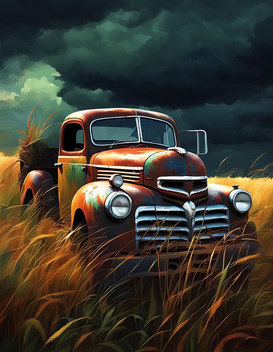 Derelict 1950s Dodge Truck in Stormy Landscape