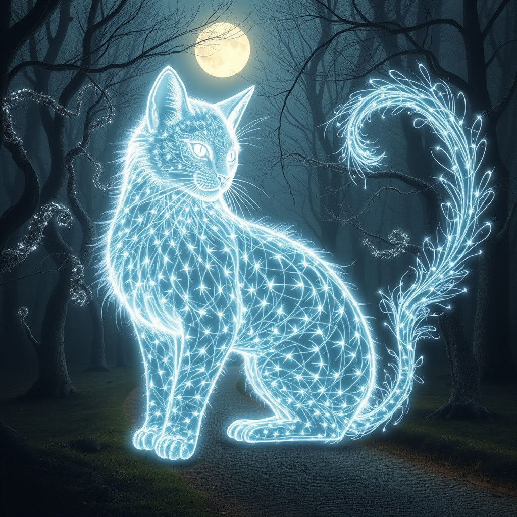 Ethereal White Light Cat in Luminous Forest