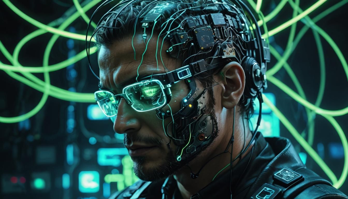 Cyberpunk IT Agent's Brain with Neon Circuitry