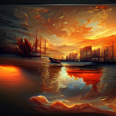 Vibrant Sunset Over Bay in Oil Painting Style