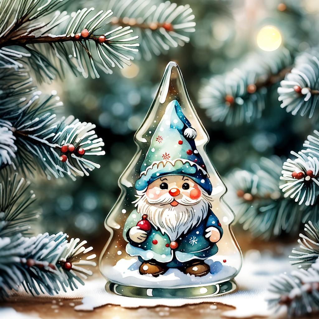 Whimsical Watercolor Christmas Scene with Glass Gnome and Fi...