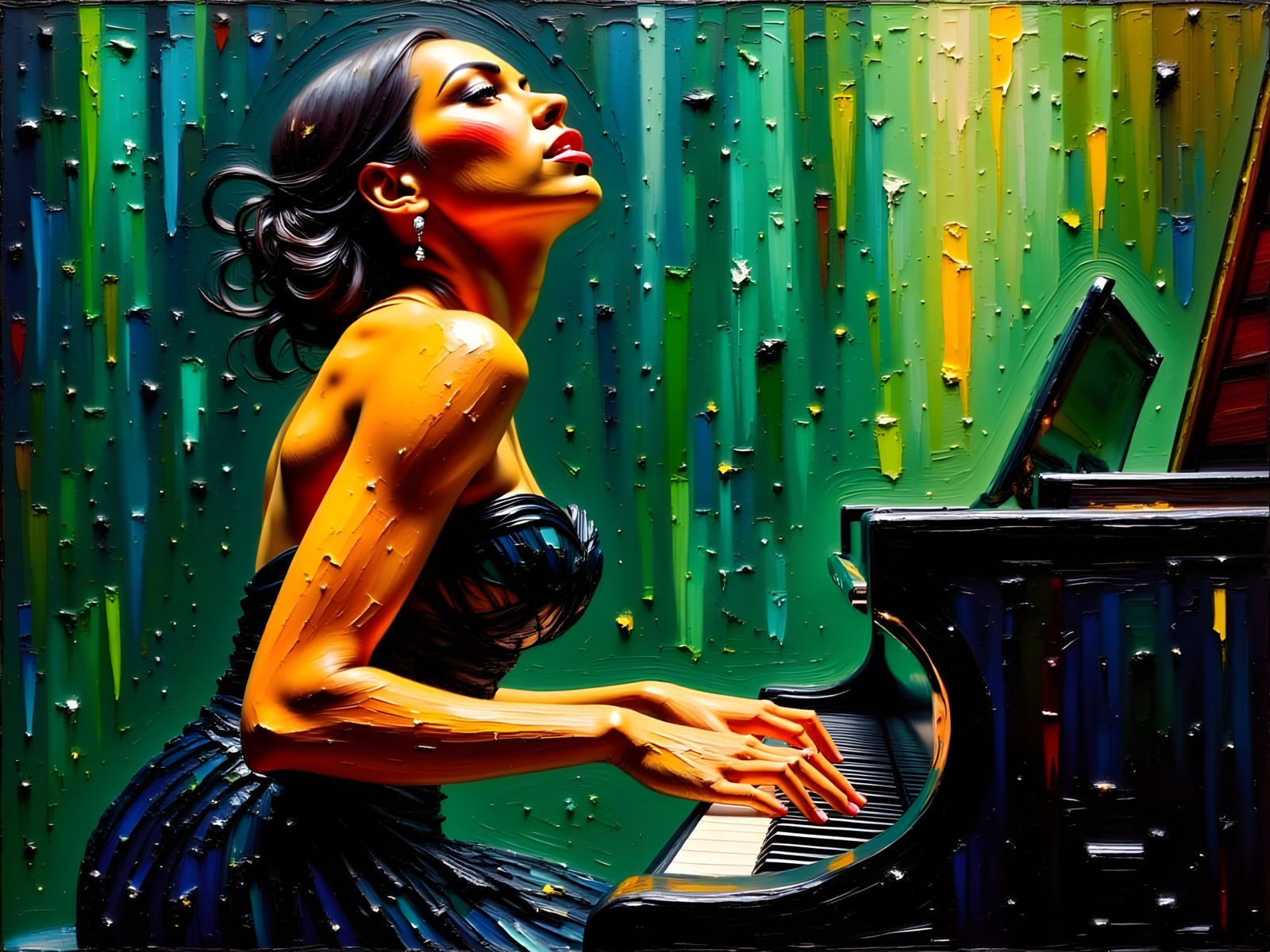 Woman Playing Piano in Impasto Style