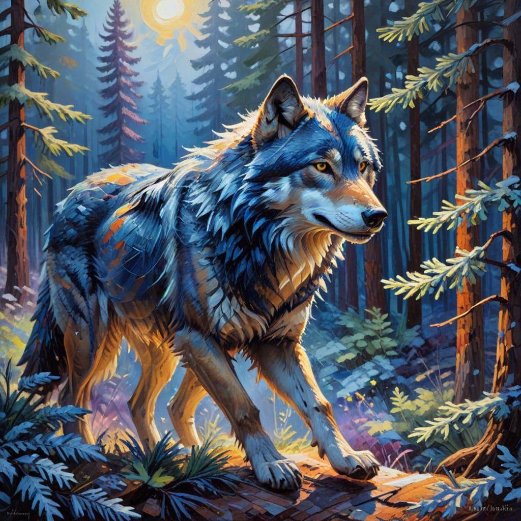 Wolf in Winter Forest: Impasto Oil Painting