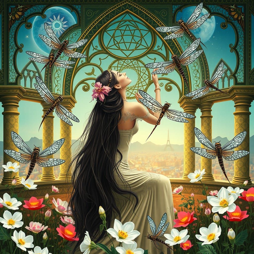 Ethereal Blooming Garden with Dragonflies in Opulent Gothic ...