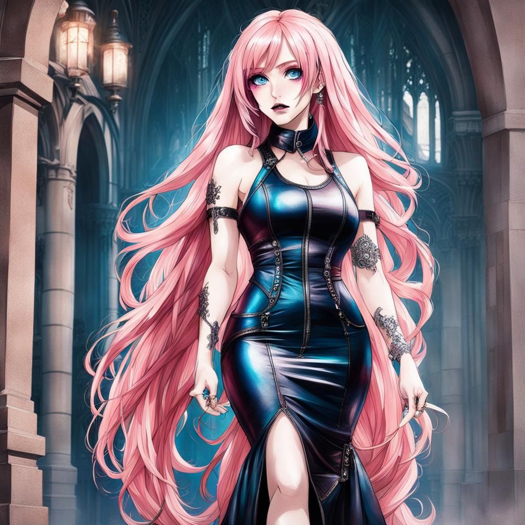 Pastel Gothic Woman with Pink Hair and Leather Dress
