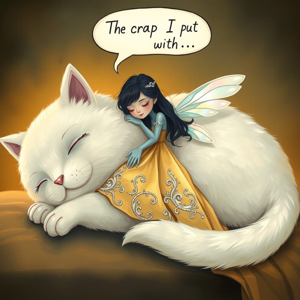 Surreal Ivory Cat Creature Slumbers with Gentle Fairy Compan...