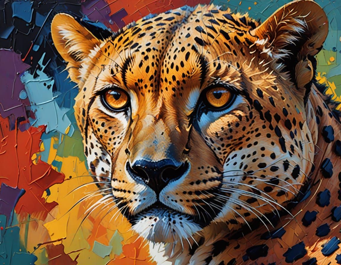 Vibrant Neo-Impressionist Cheetah Portrait in Thick, Texture...