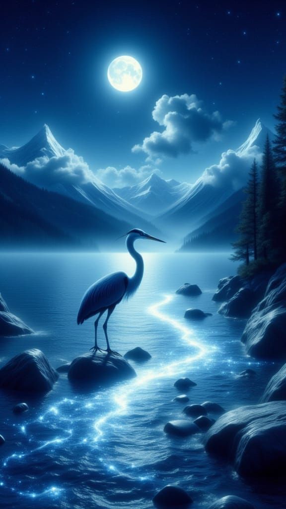 Heron in Luminous Lake at Night, Realistic Oil Painting