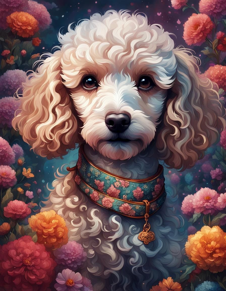 Adorable Poodle Puppy Portrait with Floral Background