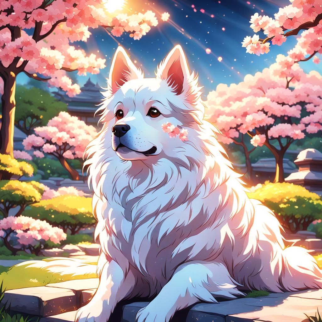 Cute Dog in Japanese Garden: Anime Style