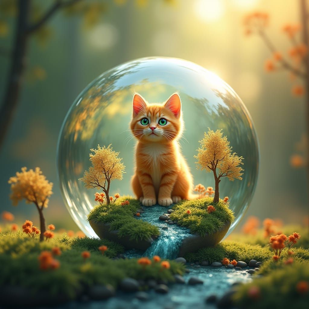Fantasy World Inside Crystal With Ginger Cat