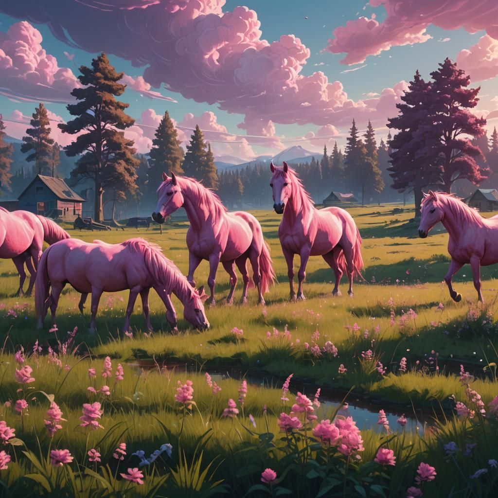 Pink Horses in Dreamlike Fantasy Meadow
