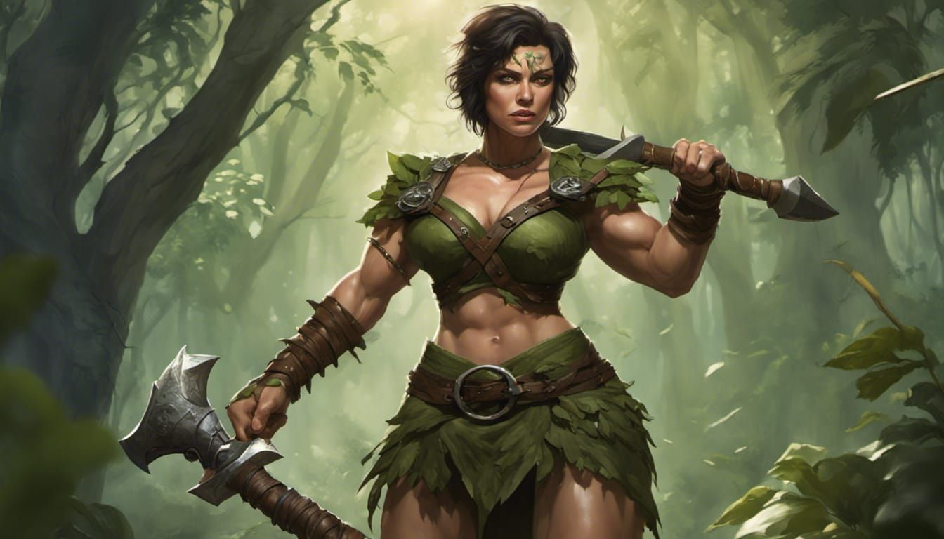 Muscular Barbarian Woman in Jungle, Dark Fantasy Art